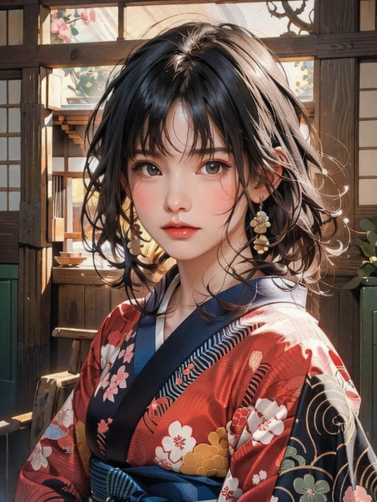 (highest quality、8k、32k、masterpiece)、(masterpiece, up to date,Exceptional:1.2), Anime, One girl,Front hair,black_hair, Beautiful 8k eyes,Looking_in_Audience,One person in,Are standing,((Very beautiful woman, Fuller lips, Japanese pintern kimono))、((Colorful Japanese kimono)))、(((Medium Shot)))、Blunt bung、(High resolution)、Very beautiful face and eyes、1 girl 、Round and small face、Narrow waist、delicine body、(highest quality high detail Rich skin details)、(highest quality、8k、Oil paints:1.2)、Very detailed、(Realistic、Realistic:1.37)、Bright colors、(((blackhair)))、(((longhair)))、(((cowboy pictures)))、((( Inside an old Japanese house)))、(masterpiece, highest quality, highest quality, Official Art, beautifully、aesthetic:1.2), (One girl), Very detailedな,(Fractal Art:1.3),colorful,Most detailed,Sengoku period(High resolution)、Very beautiful face and eyes、1 girl 、Round and small face、Tight waist、Delicine body、(highest quality high detail Rich skin details)、(highest quality、8k、Oil paints:1.2)、(Realistic、Realistic:1.37)、Greg Rutkowski Written by Alphonse Mucha Ropp, sun lips