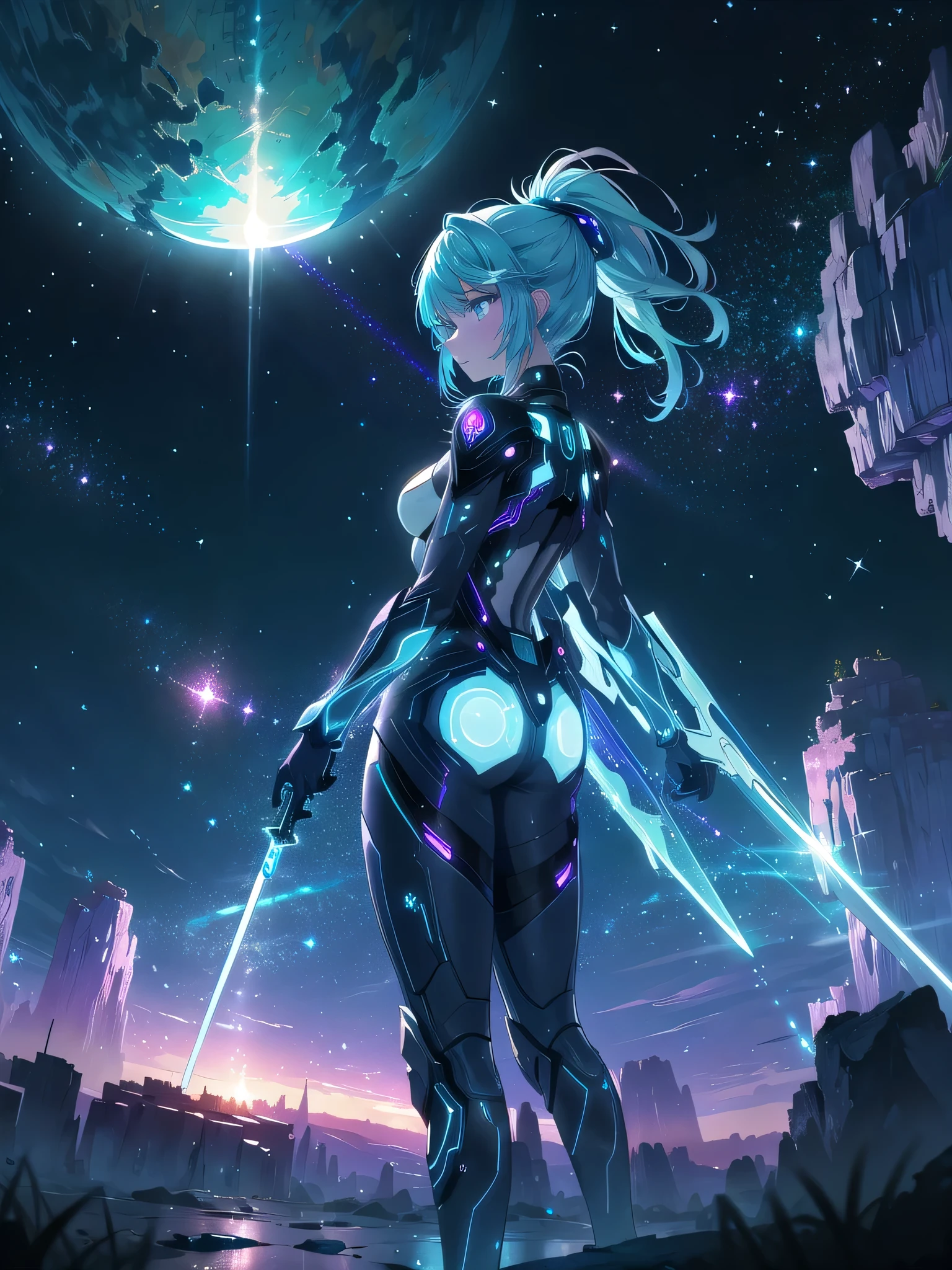 ((8k, Highest quality, masterpiece: 1.3)),Ultra-high resolution,(1 girl, alone), (Color changing eyes, Ultra-detailed, Expressive brilliance, Glitter, Glowing Eyes), Highly detailed eyes, Highly detailed face, Random Hair, ((pastel colour)),A fierce young woman with pastel teal hair tied into a high ponytail, dressed as a futuristic space warrior. She wears a sleek, silver bodysuit with blue and purple glowing patterns, and a laser sword strapped to her back. The camera captures her from a low angle as she stands on the surface of an alien planet during the early morning, with a giant planet rising on the horizon. The terrain is rocky and barren, with strange, luminescent plants scattered around. Her expression is determined and focused as she surveys the landscape, ready for whatever challenges lie ahead.