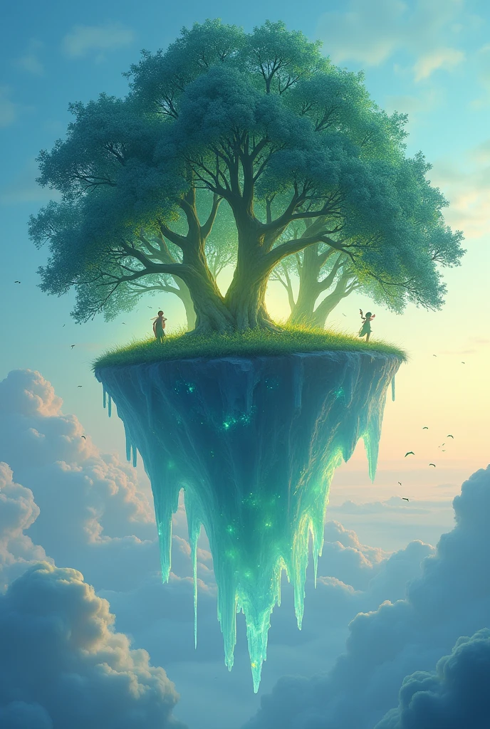 Create a surreal scene of a floating forest in the sky at dusk. Imagine a vast, serene sky with soft pastel colors blending into one another. In the center, a lush forest of towering, bioluminescent trees floats on a massive, translucent crystal platform. The trees emit a gentle, otherworldly glow in shades of blue and green, casting a shimmering reflection on the crystal surface. Wisps of glowing mist drift lazily around the trees, and small, ethereal creatures with delicate wings flit between them.Use a 24mm lens to capture the expansive, dreamlike quality of the scene, with a high-resolution camera to capture the intricate details of the glowing foliage and crystal platform. Apply a slight soft-focus effect to enhance the ethereal, magical atmosphere and a subtle lens flare to add a touch of enchantment