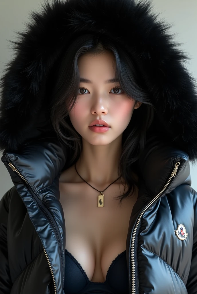 cute 16 year old Chinese woman,wearing a very large tight black shiny puffer coat, thick eyebrows, photorealistic, masterpiece, moncler, fluffy fur hood, , wavy hair, large breasts, blue silk bra, open coat, extreme close up, face focus, exceptionally detailed face