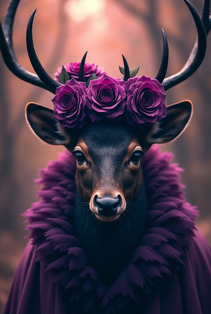 Create only  deer head with Roses in purple and black,mystical warm touch,gothic