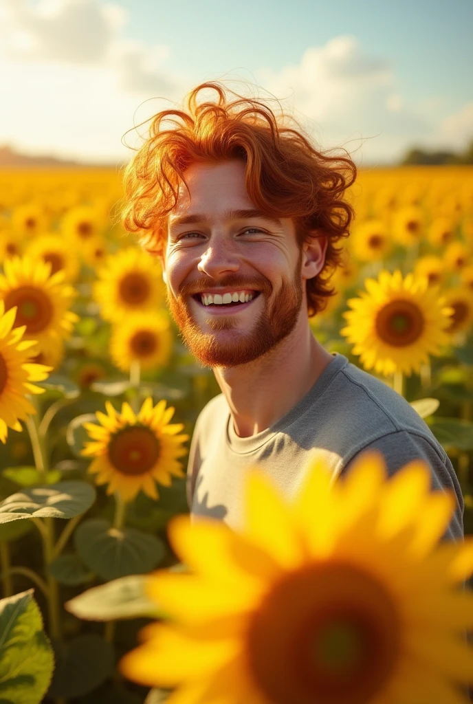 A red-haired man in his twenties smiling cheerfully in a sunflower field
