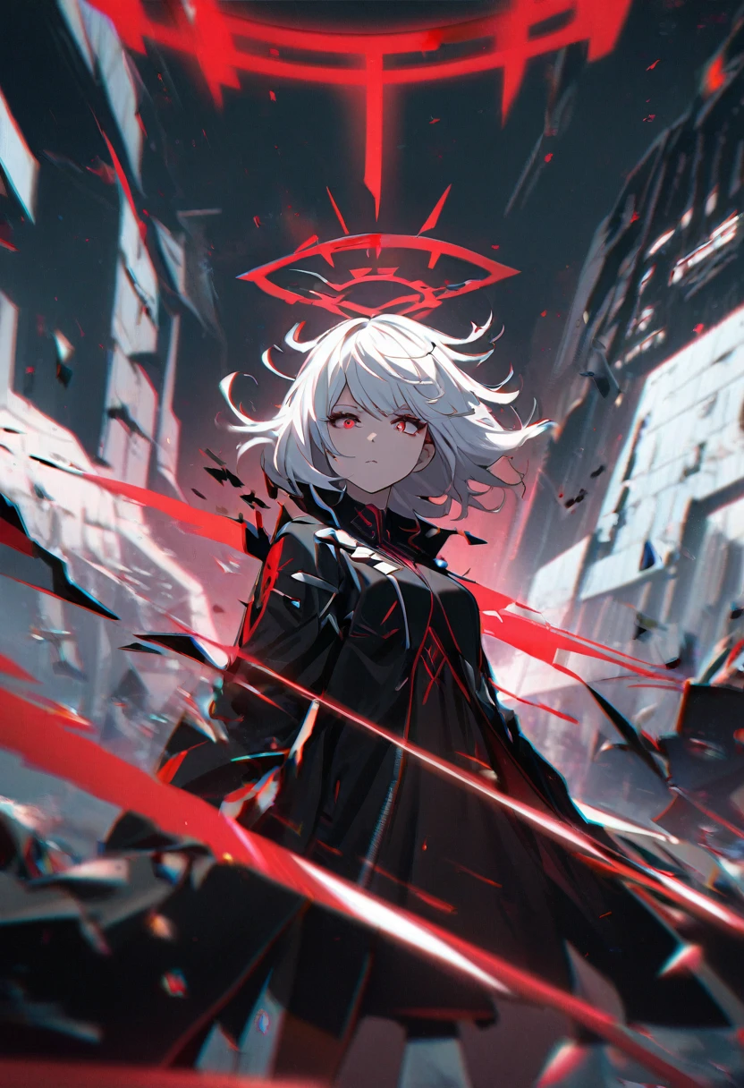 1girl, white hair, wild hair, red eyes, (white eyelashes:1.2), emotionless, red glow halo, mature, black coat, short hair, (chromatic aberration:1.2), reality break, destruction city, solo, (evil godness:1.2), digital dissolve, dynamic pose