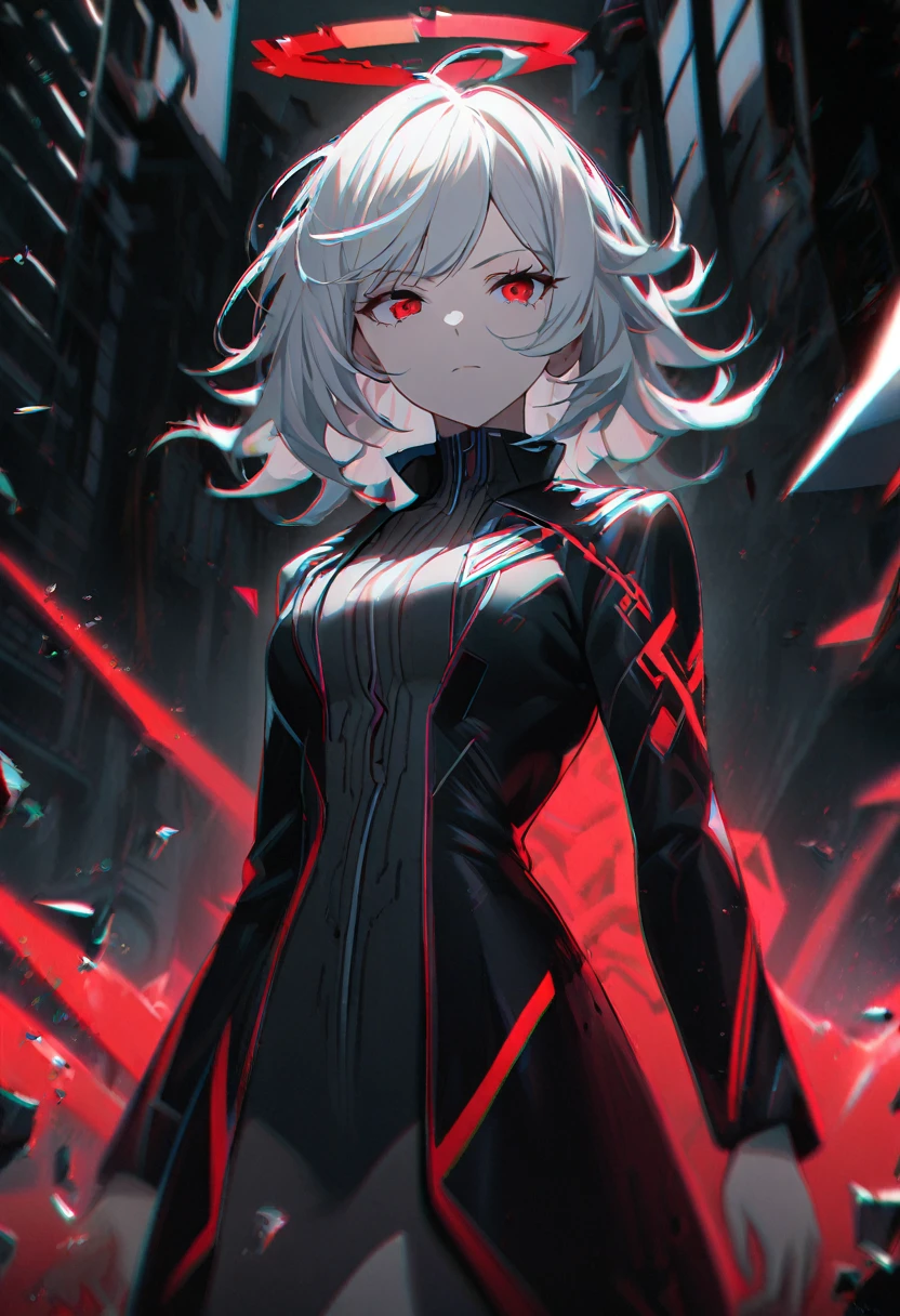 1girl, white hair, wild hair, red eyes, (white eyelashes:1.2), emotionless, red glow halo, mature, black coat, short hair, (chromatic aberration:1.2), reality break, destruction city, solo, (evil godness:1.2), digital dissolve, dynamic pose