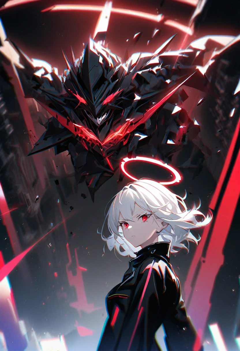 1girl, white hair, wild hair, red eyes, (white eyelashes:1.2), emotionless, red glow halo, mature, black coat, short hair, (chromatic aberration:1.2), reality break, destruction city, solo, (evil godness:1.2), digital dissolve, dynamic pose