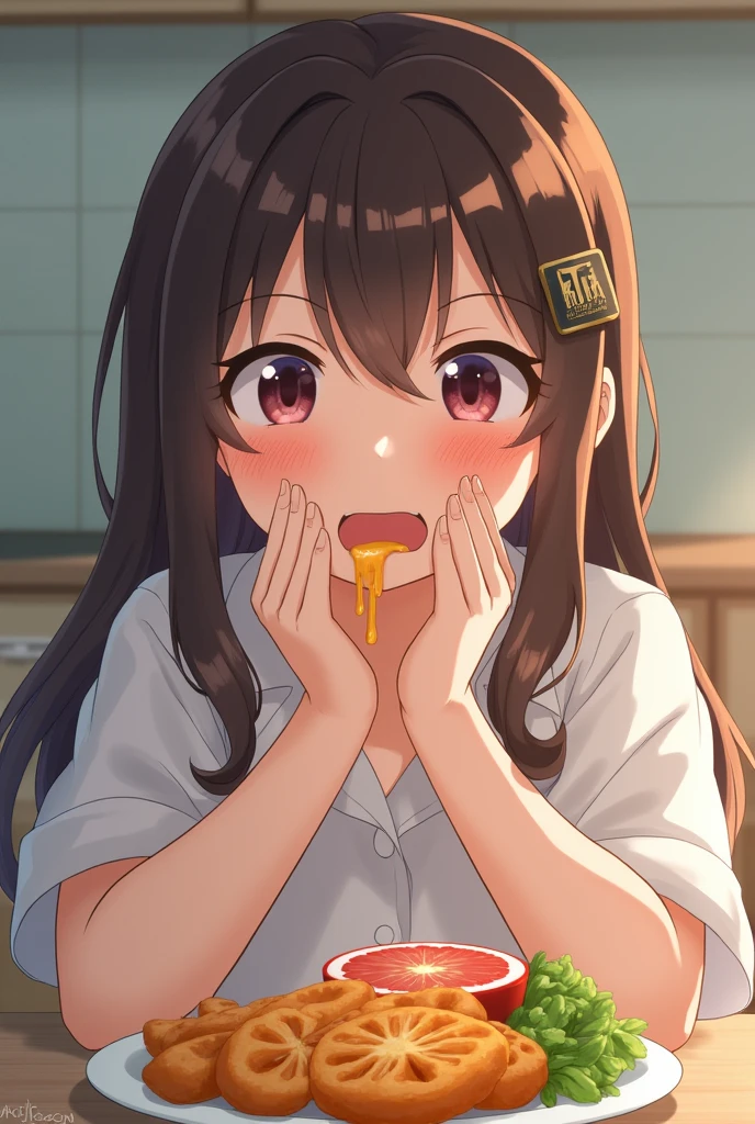 Food in front of you、A girl who is about to vomit、He is holding his mouth with his hand and a little bit of vomit is coming out from the gap.