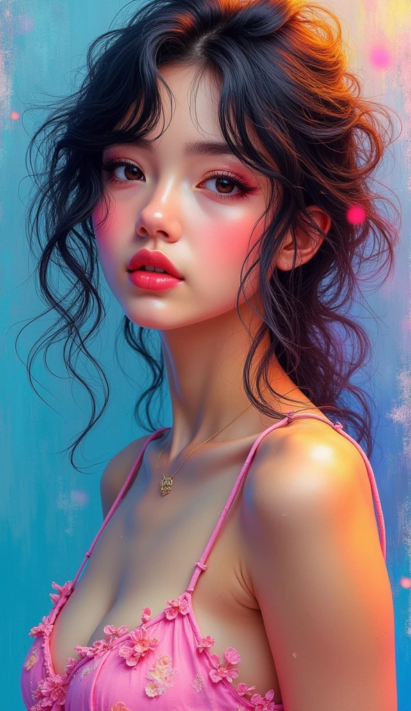 Colorful beautiful woman: a giru 20-years old, messy hair, oil painting, nice perfect face with soft skinice perfect face, blue yellow colors, light purple and violet additions, light red additions, intricate detail, splash screen, breasts:nsfw:1.3, 8k resolution, masterpiece, cute face,artstation digital painting smooth veryBlack ink flow: 8k resolution photorealistic masterpiece: intricately detailed fluid gouache painting: by Jean Baptiste Mongue: calligraphy: acrylic: watercolor art, professional photography, natural lighting, volumetric lighting maximalist photoillustration: by marton bobzert:, complex, elegant, expansive, fantastical, wavy hair, vibrant