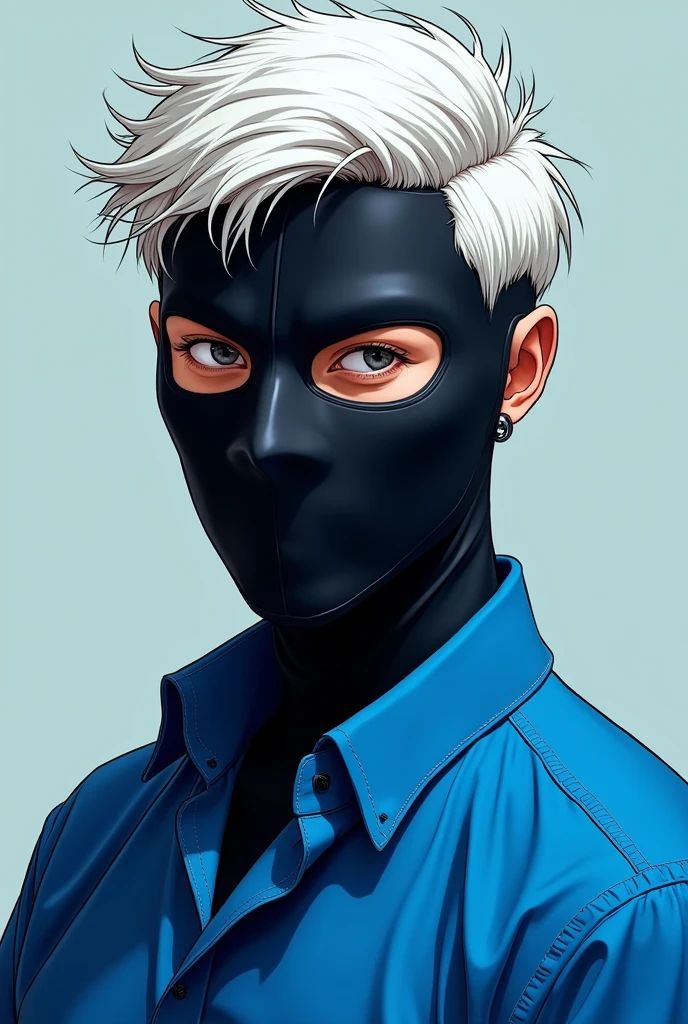 A white haired man with black mask blue shirt 2d
