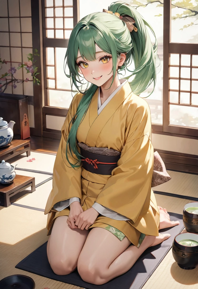 (japanese tea ceremony style) (Seiza tea ceremony), (With both hands holding a detailed biggest japanese Traditional ceramic tea cups) (solo:2, 15 yo) (beautiful detailed ponytail) (beautiful pastel color green hair long hair) (immensely cute girl) (immensely cute yellow eyes) (lovely smile) , in a detailed yellow kimono, break, in the japanese style room, BREAK, perfect anatomy, masterpiece, best quality, 16k, beautiful detailed grow, daydreaming expression.