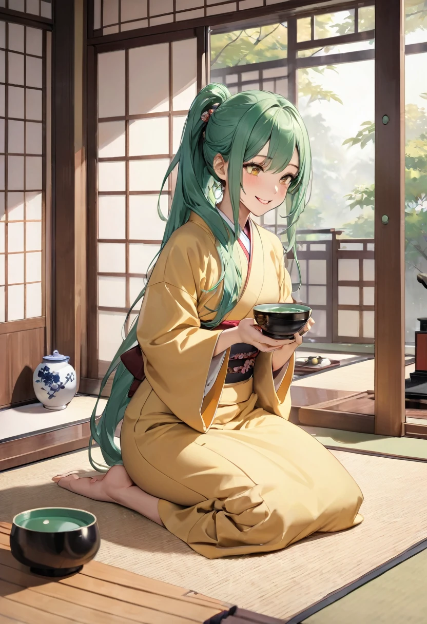 (japanese tea ceremony style) (Seiza tea ceremony), (With both hands holding a detailed biggest japanese Traditional ceramic tea cups) (solo:2, 15 yo) (beautiful detailed ponytail) (beautiful pastel color green hair long hair) (immensely cute girl) (immensely cute yellow eyes) (lovely smile) , in a detailed yellow kimono, break, in the japanese style room, BREAK, perfect anatomy, masterpiece, best quality, 16k, beautiful detailed grow, daydreaming expression.