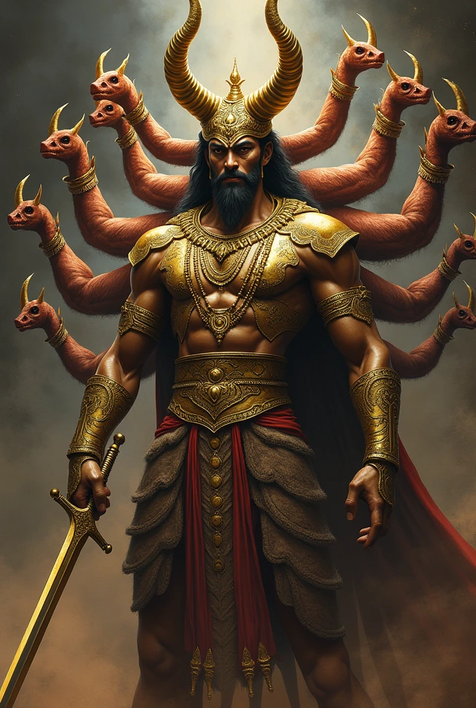 Ravana with 5 of his heads lined next to head in right and 4 heads to the left holding sward and golden armour he has small beard with human skin without horn