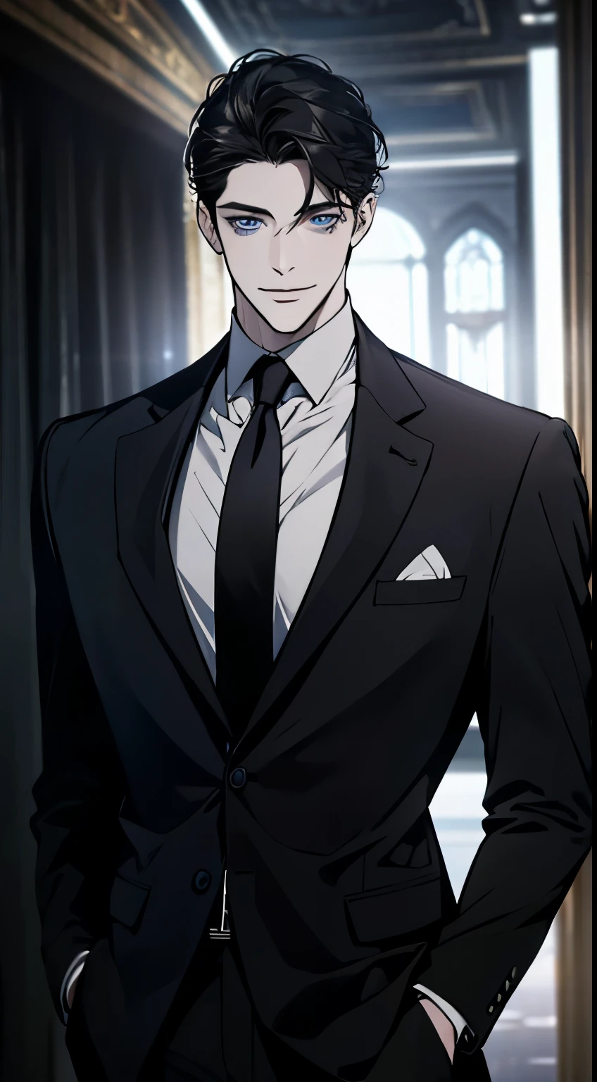 a mature man with short grey Black hair, blue eyes, 31 years, and a perfect face, smiling in love, CEO, cinematic lighting, 1:4 HDR image, top view, ultra detailed, best quality, masterpiece, 8K, photorealistic, beautiful image