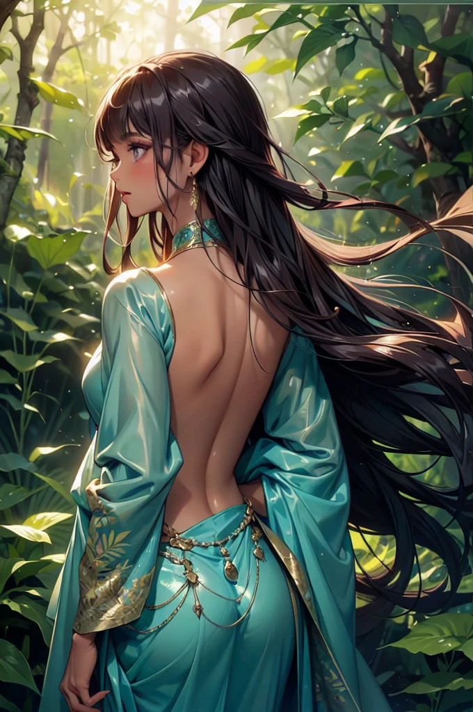 The Indian model is portrayed in a lush forest, surrounded by towering trees and exotic wildlife. She wears a simple yet elegant cotton saree, the earthy tones blending harmoniously with her natural surroundings. Her dark hair is loose, cascading down her back in glossy waves. Her eyes, bright and alert, scan the forest with a sense of wonder and curiosity. The scene is alive with the sounds of birdsong and rustling leaves, creating a sense of peace and tranquility.