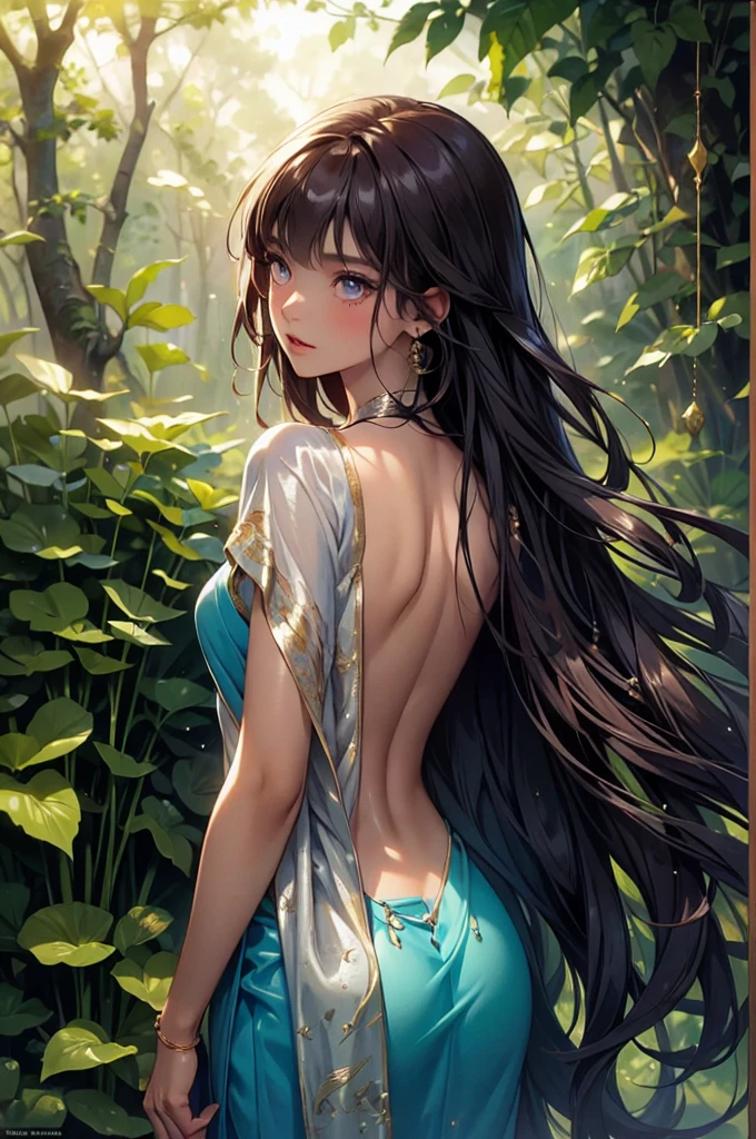 The Indian model is portrayed in a lush forest, surrounded by towering trees and exotic wildlife. She wears a simple yet elegant cotton saree, the earthy tones blending harmoniously with her natural surroundings. Her dark hair is loose, cascading down her back in glossy waves. Her eyes, bright and alert, scan the forest with a sense of wonder and curiosity. The scene is alive with the sounds of birdsong and rustling leaves, creating a sense of peace and tranquility.