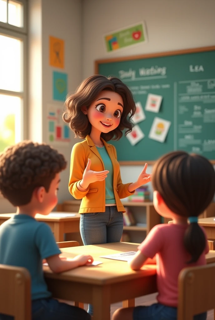 Three children talking to their teacher in the classroom
