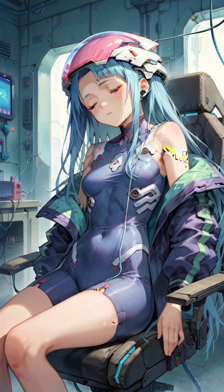 score_9, score_8_up, score_7_up, masterpiece, absurdres, source_anime, cyberpunk world, netrunner girl, in a cyberpunk garage with neon, lots of screens around her, ultra detailled background, 1girl, blue hair, long hair, blushing, (sitting on a futuristic chair:1.4), (futuristic eye-covering helmet:1.6), (sleeping:1.4), (futuristic skin-tight suit:1.2), (lots of electrical cables plugged into her head:1.6)