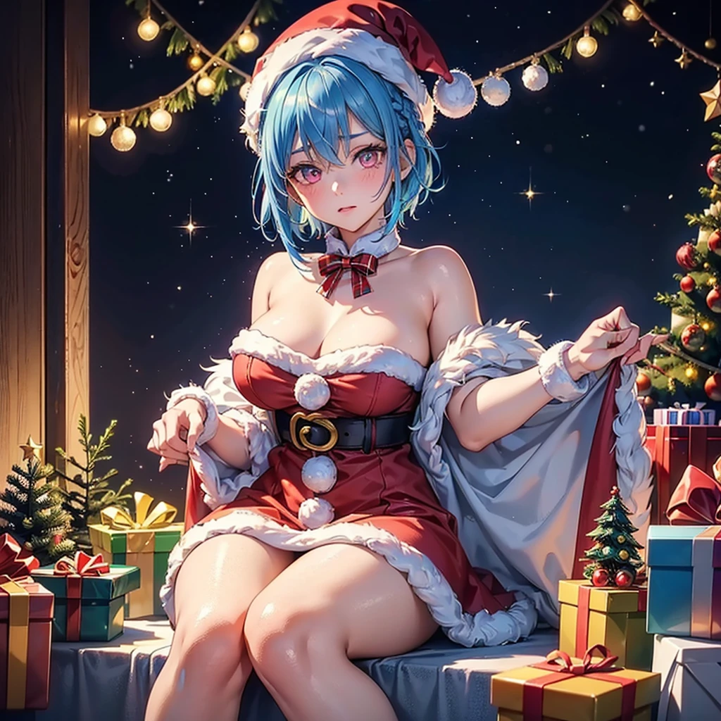 (Sky blue hair),(Braided short hair), (Pink Eyes),Fair skin) ,(whole body),(One Girl),(Gift boxes filling the background),(Santa Claus clothes),(Ahegao),Santa Claus hat,(Christmas Party),(masterpiece, Highest quality, Very detailed, Best Shadow), (Detailed Background), (Beautifully detailed face), High Contrast, (Best lighting, Very delicate and beautiful), ((Cinematic Light)), Hyper Detail,8k, Dramatic Light, Intricate details,night,Christmas tree