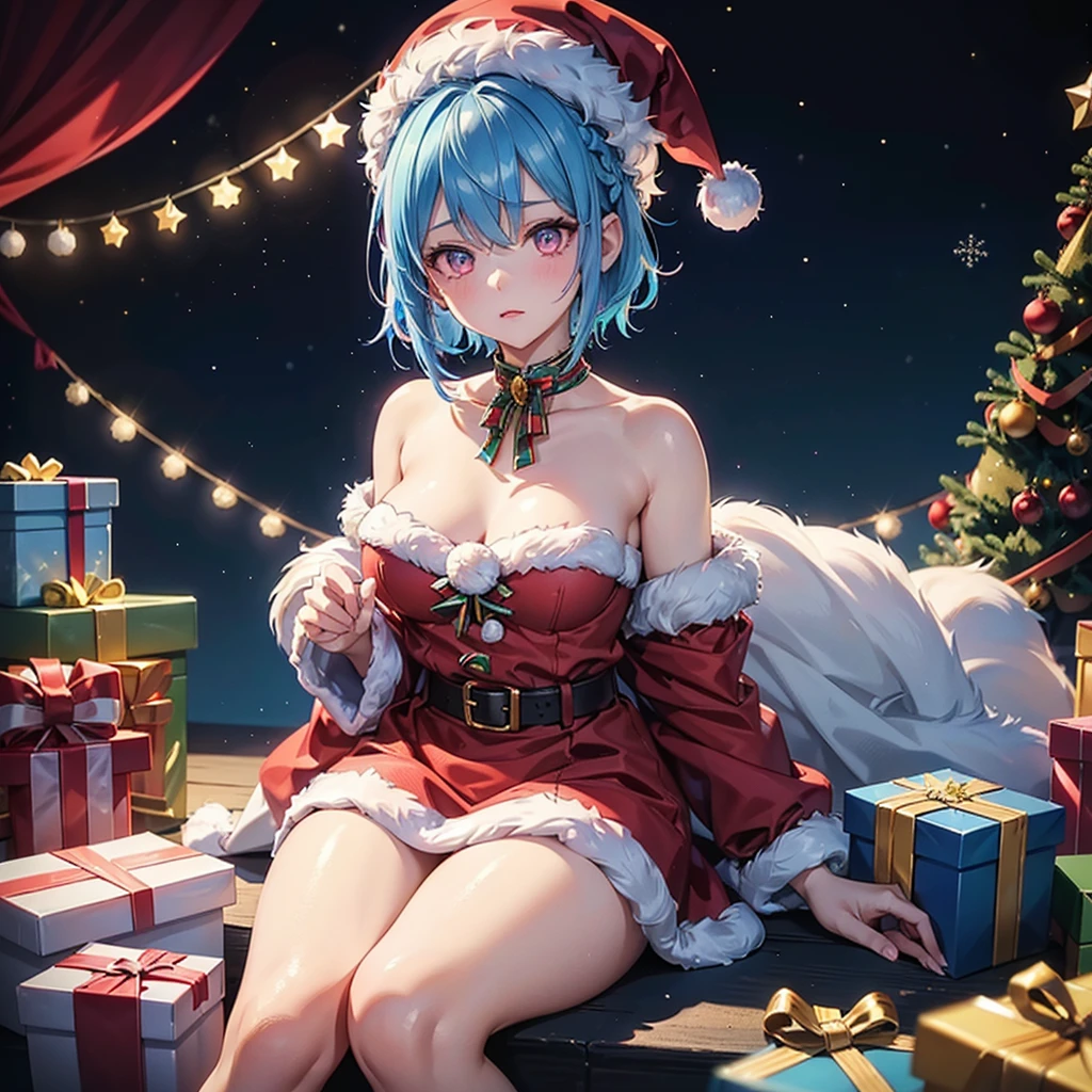 (Sky blue hair),(Braided short hair), (Pink Eyes),Fair skin) ,(whole body),(One Girl),(Gift boxes filling the background),(Santa Claus clothes),(Ahegao),Santa Claus hat,(Christmas Party),(masterpiece, Highest quality, Very detailed, Best Shadow), (Detailed Background), (Beautifully detailed face), High Contrast, (Best lighting, Very delicate and beautiful), ((Cinematic Light)), Hyper Detail,8k, Dramatic Light, Intricate details,night,Christmas tree