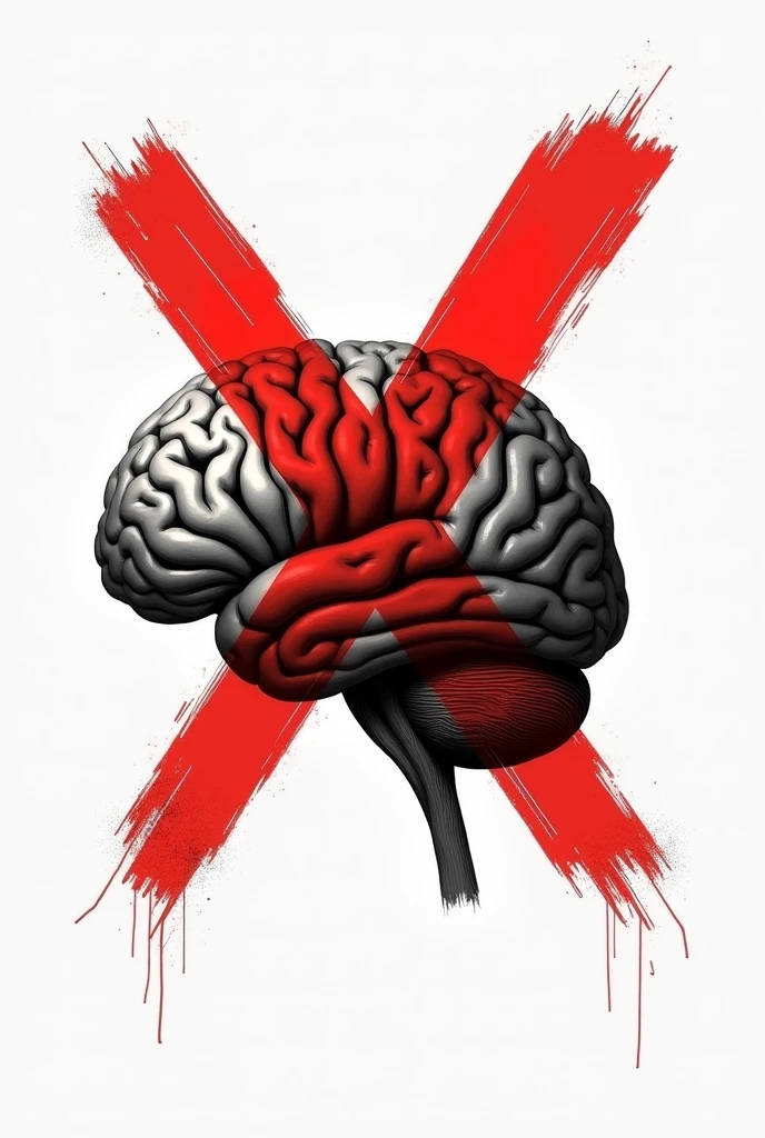 Human brain type logo, with red tones, bloodstains, with red background, offwhite, blackw