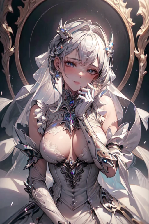 NSFW,((top quality、8k、masterpiece:1.3))Wears a silver-white mech,girl with delicate face,Highest image quality,Ultra-clear,Delicate and clear facial features,end of the world,Mechanical arm,Exquisitely detailed mechanical pattern,cyberpunk characters、numbercity、number、century、throne、