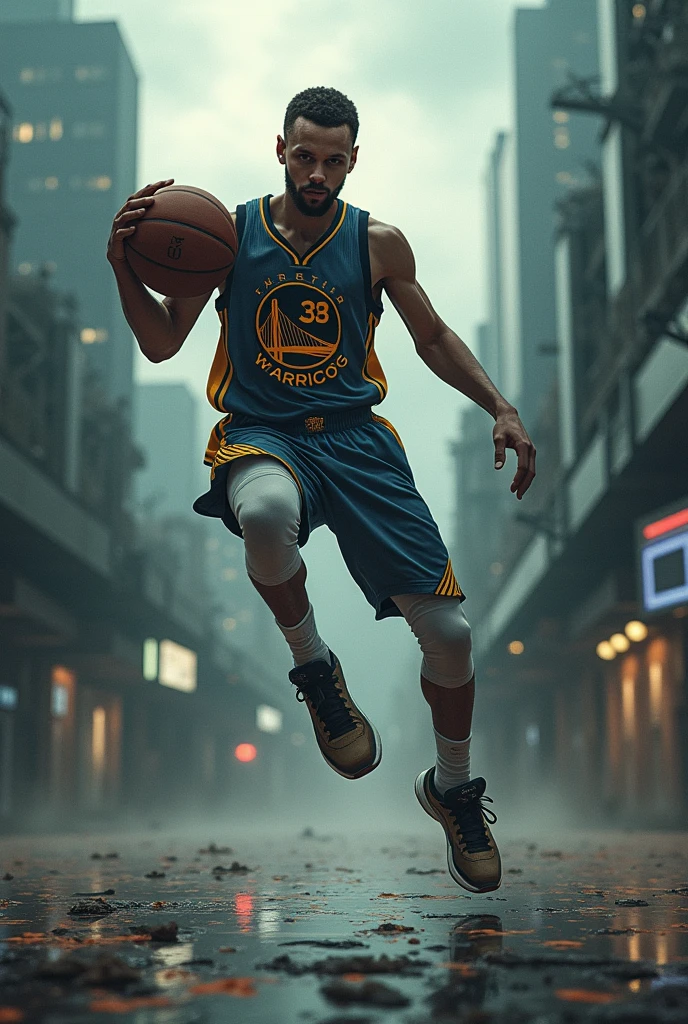 Stephen Curry play basketball in dystopian style art