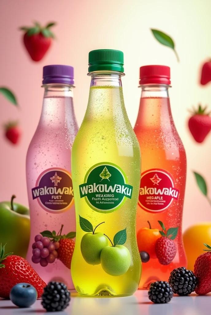 Sparkling drink in plastic bottles, 3 bottles, 3 flavors 1.Grapes 2.Green Apple 3.Mixed berries, product name is Wakuwaku.