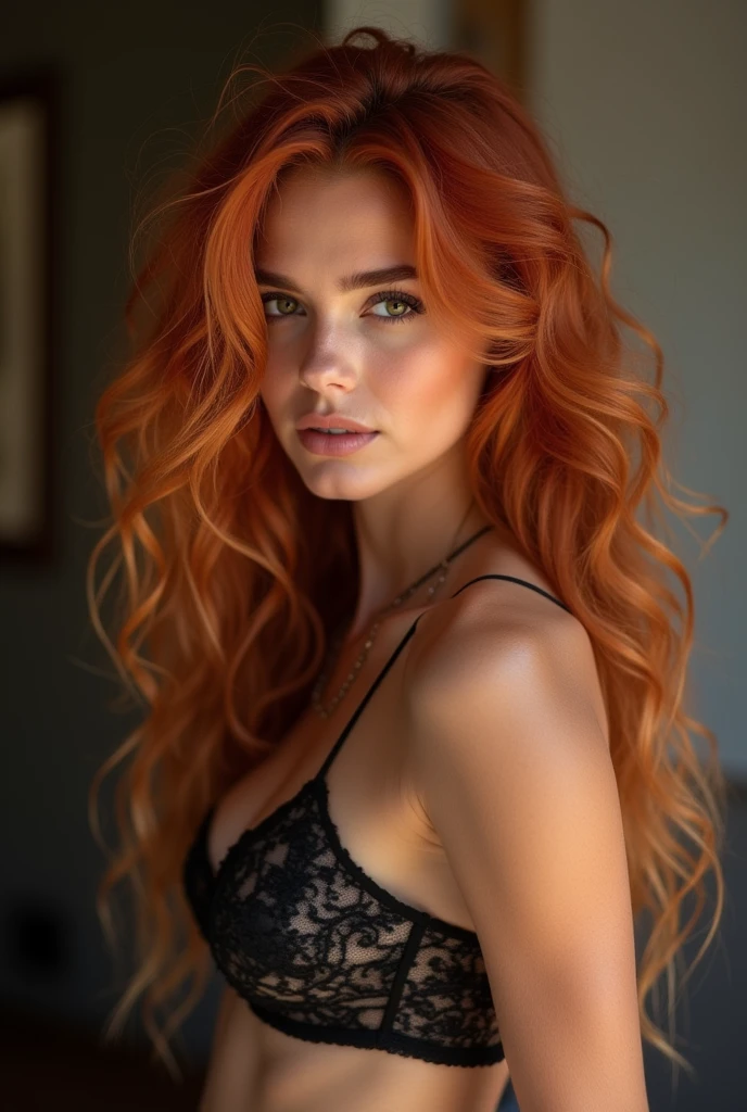 una donna Cammina in una sala vuota, ha i capelli rossi lunghi ,belle gambe, tacchi, calze nere