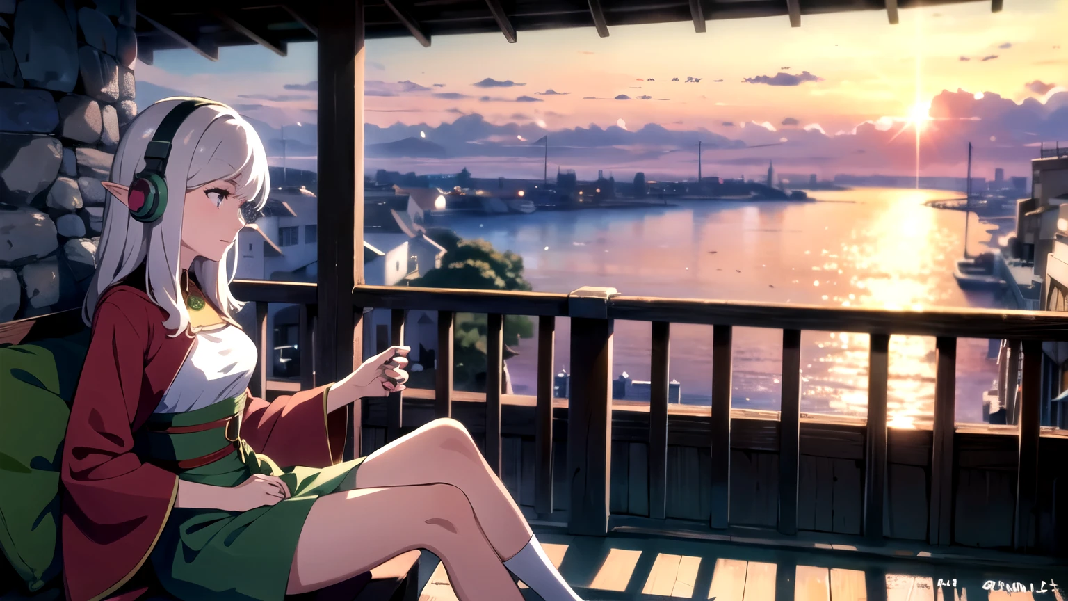 elf girl with white hair, sitting at balcony facing the beach, wearing headphone, sunset view, wearing medieval dress, medieval town.