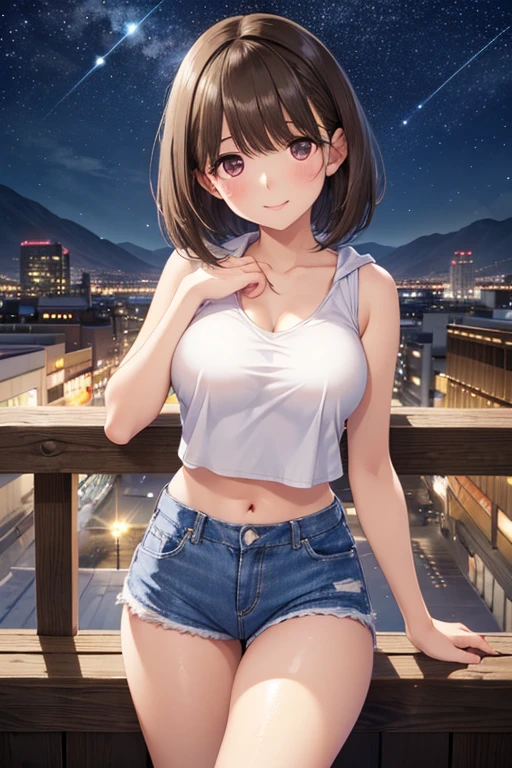 anegasaki nene、Shiny brown hair, short hair, (Beautiful brown eyes)、smile、Sparkling eyes, (Fine grain)、Ultra-detailed eyes、Highly detailed face, Highly detailed eyes,Cowboy Shot、 1 girl, Japanese, high school girl, Perfect Face, (Perfect Anatomy), Cute and symmetrical face, , Glowing Skin, thin
(short hair:1.2, Bobcut:1.2, Light brown hair), Asymmetrical bangs, Dark red eyes, Long eyelashes, (Medium chest), 
Beautiful Hair, Beautiful Face, Beautiful attention to detail, Beautiful clavicle, Beautiful body, Beautiful breasts, Beautiful thighs, Beautiful feet, 
((Detailed cloth texture, Casual Fashion, (abdomen:1.1), Pink sleeveless hoodie, Ripped micro shorts made of white denim fabric)), 
(Beautiful views), Midnight, (deer, On the roof, Beautiful night view), Are standing, Embarrassed look, (かわいらしいsmile, Upward glance), 