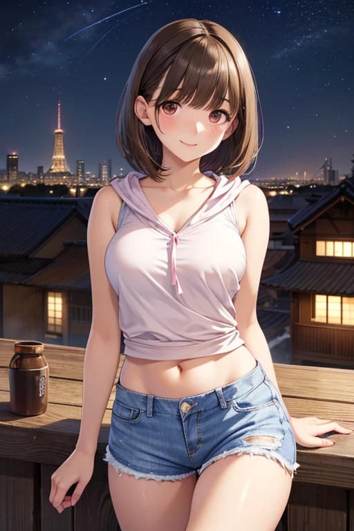 anegasaki nene、Shiny brown hair, short hair, (Beautiful brown eyes)、smile、Sparkling eyes, (Fine grain)、Ultra-detailed eyes、Highly detailed face, Highly detailed eyes,Cowboy Shot、 1 girl, Japanese, high school girl, Perfect Face, (Perfect Anatomy), Cute and symmetrical face, , Glowing Skin, thin
(short hair:1.2, Bobcut:1.2, Light brown hair), Asymmetrical bangs, Dark red eyes, Long eyelashes, (Medium chest),
Beautiful Hair, Beautiful Face, Beautiful attention to detail, Beautiful clavicle, Beautiful body, Beautiful breasts, Beautiful thighs, Beautiful feet,
((Detailed cloth texture, Casual Fashion, (abdomen:1.1), Pink sleeveless hoodie, Ripped micro shorts made of white denim fabric)),
(Beautiful views), Midnight, (deer, On the roof, Beautiful night view), Are standing, Embarrassed look, (かわいらしいsmile, Upward glance),
