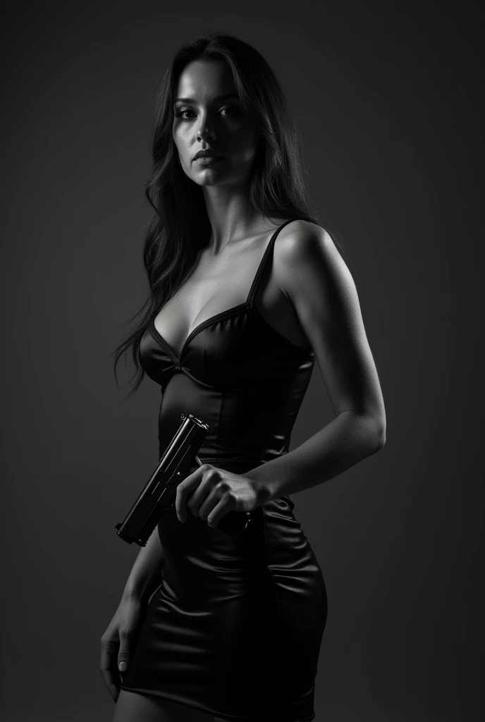 A woman holding a gun at her side. The colours are black at white. She wore a tight satin bodycon dress. And only focused on the gun she is holding and do it upclose. Doing it from the back pose