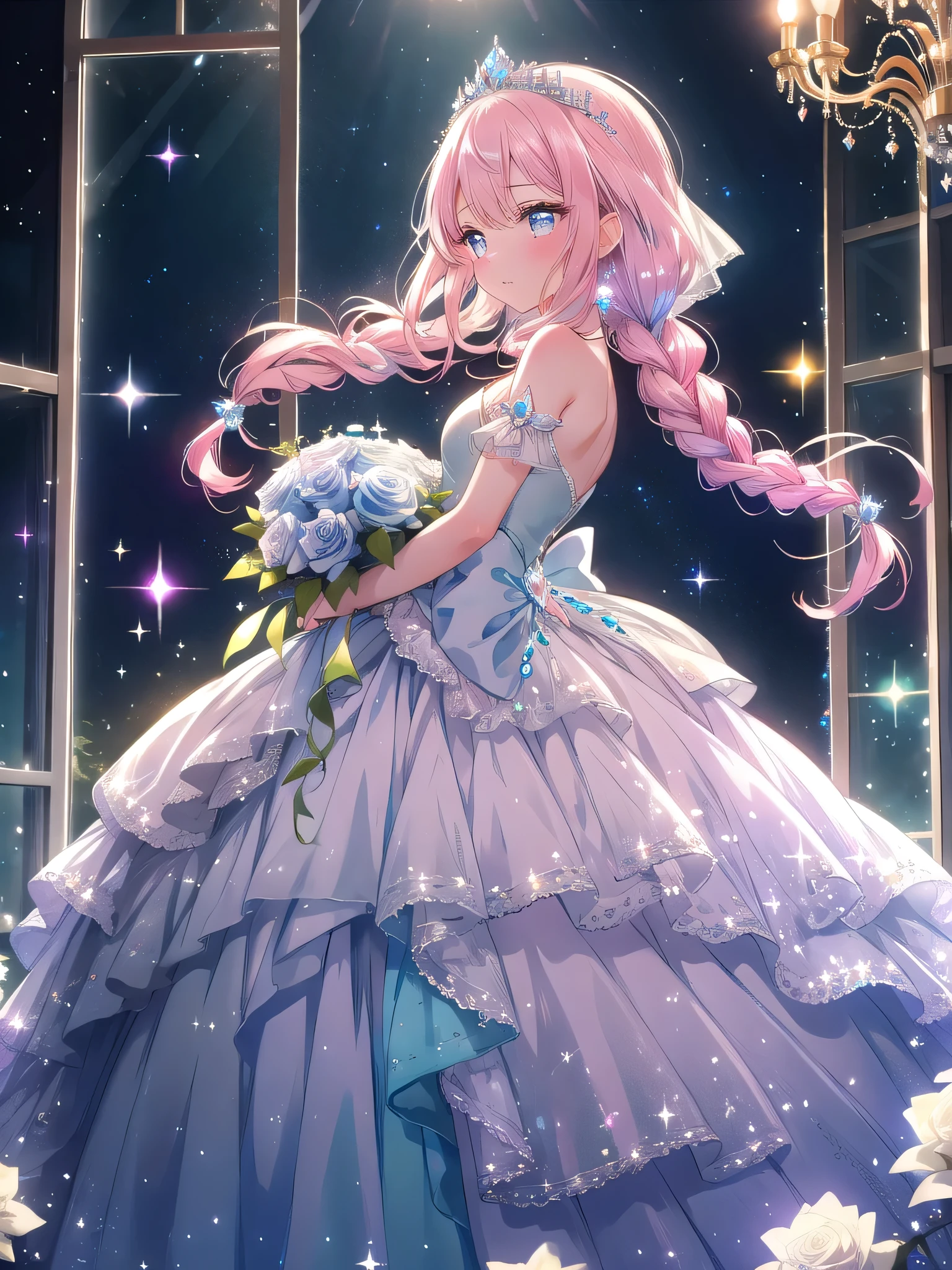 ((8k, Highest quality, masterpiece: 1.3)),Ultra-high resolution,(1 girl, alone), (Color changing eyes, Ultra-detailed, Expressive brilliance, Glitter, Glowing Eyes), Highly detailed eyes, Highly detailed face, Random Hair, ((pastel colour)),A radiant young woman with pastel pink hair styled in twin braids, dressed as a fairy tale princess. She wears a flowing, pastel blue ball gown with layers of tulle, sparkling with tiny crystals that catch the light. A delicate tiara sits atop her head, and she holds a bouquet of white roses. The camera captures her from a side angle as she stands on a grand staircase inside a luxurious castle during twilight. The chandelier above glows softly, and large windows allow the last light of day to filter through. Her expression is dreamy and full of hope, as if she’s awaiting her happily ever after.
