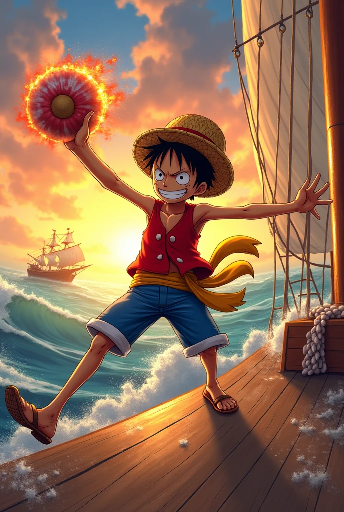 Monkey D. Luffy standing on the deck of the Thousand Sunny, wearing his iconic straw hat, red vest, and blue shorts. He has a big grin on his face, stretching his arm out in a Gum-Gum Pistol attack towards a distant enemy ship. The ocean waves crash against the ship, and the sun is setting in the background, casting an orange glow.