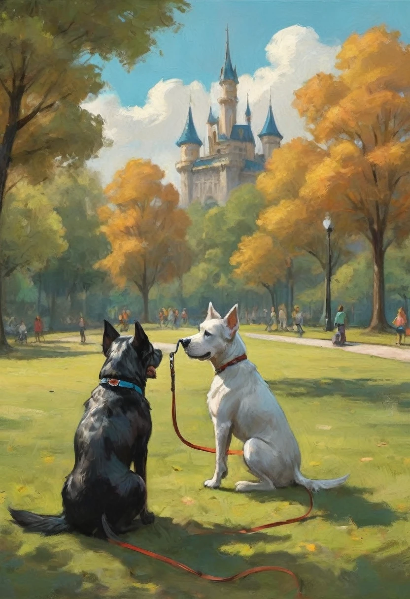 cartoon drawing of two dogs on a leash in a park, animated disney movie inking, published concept art, stylized linework, whole page illustration, by Istvan Banyai, concept art for a video game, by Maksimilijan Vanka, colorkey scene, cartoon concept art