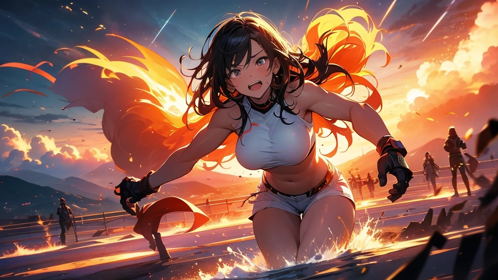 A powerful figure stands at the center, mid-action, as if they’ve just broken through a set of heavy doors. Their expression is fierce, with eyes full of determination and a sense of unyielding strength. Around them, the remnants of shattered barriers symbolize the obstacles they’ve overcome.

The background transitions from dark shadows to a bright, fiery dawn, illustrating the journey from doubt to triumph. Flames swirl around their figure, representing the fire in their soul and the unstoppable force they’ve become. The sky is ablaze with vibrant colors, symbolizing the dawn of a new beginning.

The figure’s stance is strong, one hand raised as if to declare victory, while the other is clenched in a fist, ready to take on whatever comes next. Their presence radiates confidence and power, embodying the message of rising and roaring against all odds.