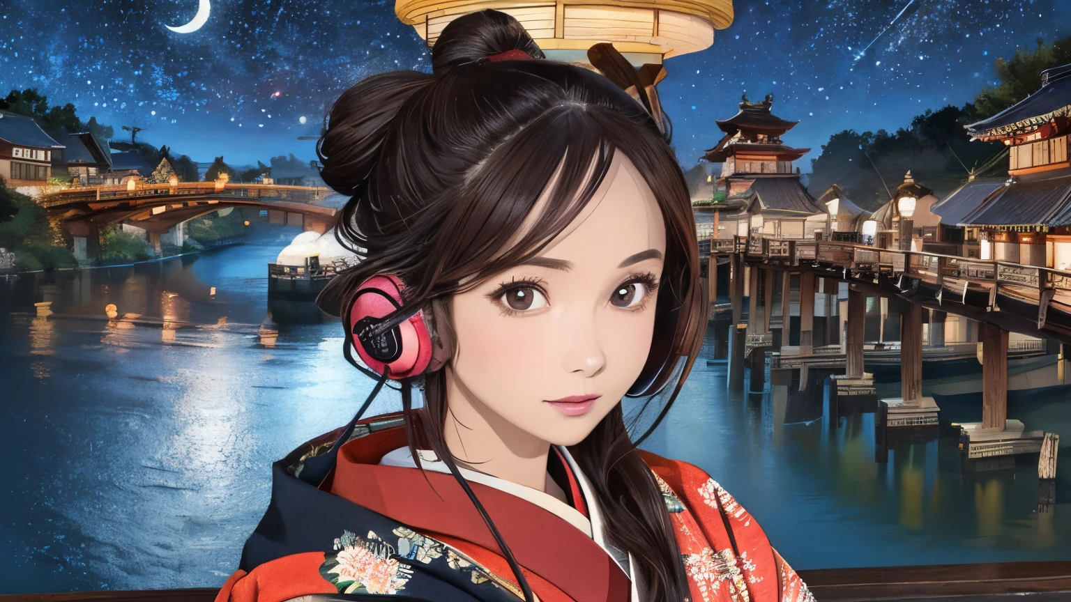 (Highest quality, 8k, masterpiece, High resolution), (whole body), Vibrant colors, (headphones, wearing headphones), Brown-black bob, Traditional topknot, Ample breasts, (Highly detailed face and eyes, Beautiful Face, Beautiful Eyes, Beautiful nose, Pretty lips), Official Art, Ukiyo-e style, (Beautiful woman in kimono), (Vivid floral patterned kimono), background, river, bridge, Mountain, wood, Starry Sky, moon, Detailed CG,