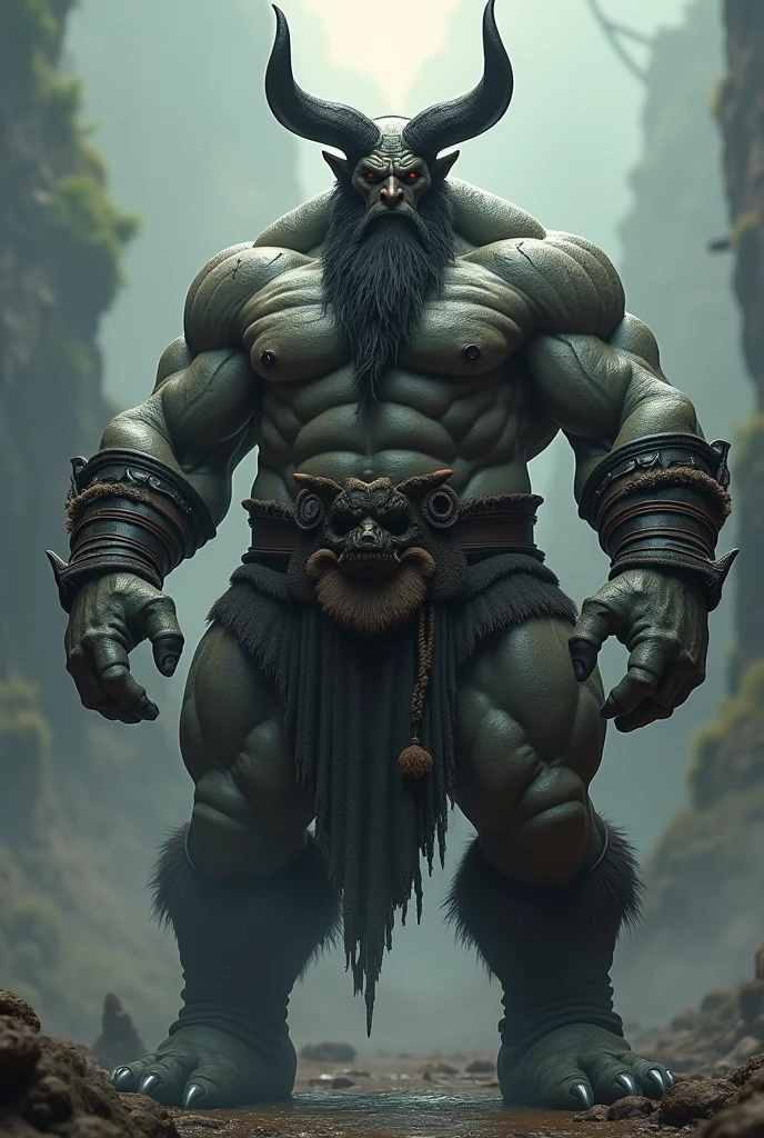 Photorealistic naked tall large male demon with a body like the orcs from warcraft movie,massive horns, big muscles and a long beard
