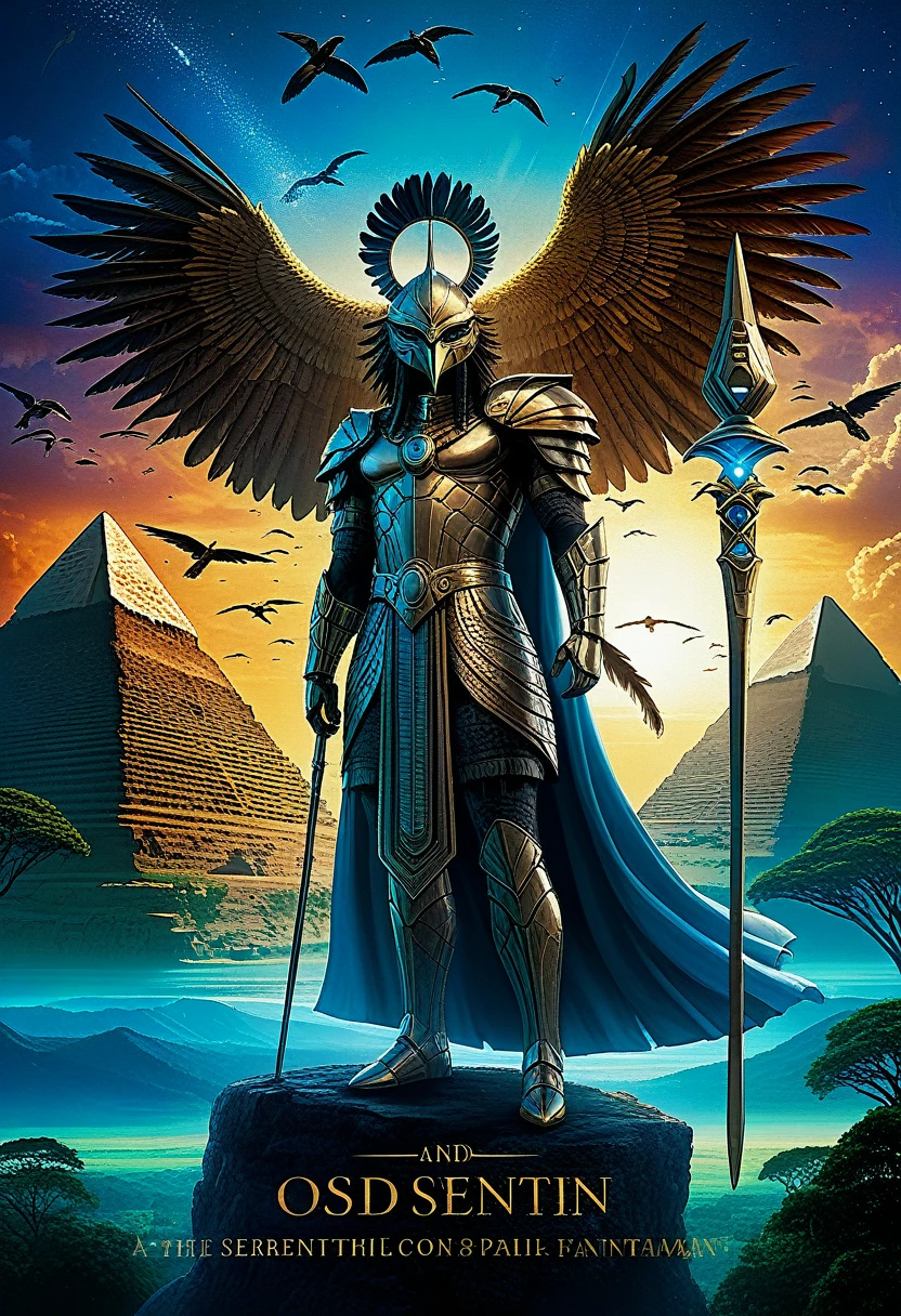 A stunningly realistic, 8K high-resolution book cover for the dramatic science fiction novel, at the top of the image the main title in text says, ('GODS OF THE SERENGETI'), and the subtitle, ('FEATHERED DAWN: ORIGINS'), with correct letters and spelling, typography, are prominently displayed in bold, elegant font. The cover showcases an awe-inspiring human-avian bird deity, with African genetic and phenotypic features and a regal presence. He stands tall, holding a futuristic Ankh staff with elaborate feathered wings and donning high-tech, sci-fi armor adorned with intricate patterns. The background reveals a fantastical landscape with floating pyramids, vibrant skies, and distant mountains. The color palette is natural and rich, creating a mystical and epic atmosphere. The author's name is on the bottom of the image, the text reads, ('TERRANCE JAMES')., illustration, typography, product, dark fantasy