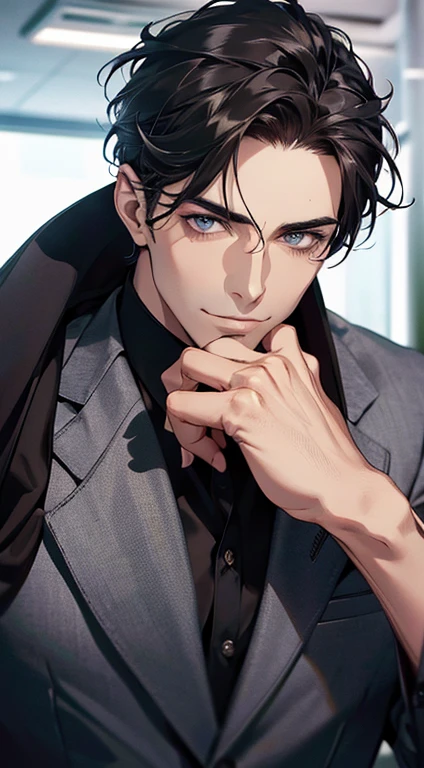 (best quality,4k,8k,highres,masterpiece:1.2),ultra-detailed,(realistic,photorealistic,photo-realistic:1.37),1 man,31 years old,mature man,very handsome,without expression,smile,short grey black hair,blue eyes,penetrating gaze,perfect face without errors,imposing posture,businessman,office background,cinematic lighting,hdr image