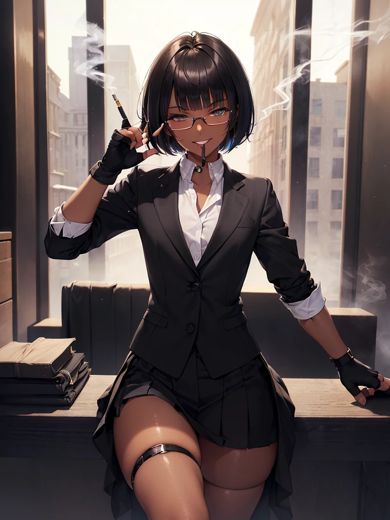  (masterpiece:1.2), highest quality, High resolution, unity 8k wallpaper, (fine and beautiful eyes:1.6), highly detailed face, perfect lighting, Detailed CG, (perfect hands, perfect anatomy:1.3), (1 femmale:1.4), (20 years old femmale:1.4),( black hair:1.3), extremely beautiful detailfeminine face and eyes, (evil smile:1.3), detailed eyes, best quality,( dark skin:1.8), extremely detailed, very precise detailed,(glasses:1.3), (blunt bangs:1.3), open mouth, (very short hair:1.4),(fingerless gloves:1.5), (half closed eyes:1.5),(business suit:1.6),boots,(flat chest:1.4),(Smoking a cigarette:1.2),sitting,(long tight skirt:1.3)