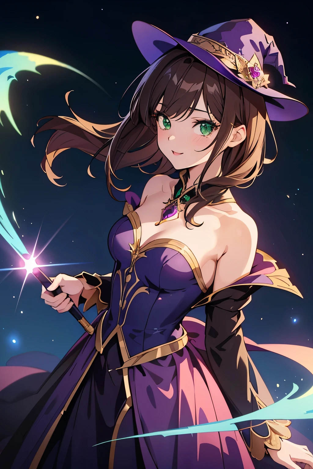 ((masterpiece, Highest quality, High resolution, 超High resolution, Pixel perfect, Written boundary depth, 4K, RTTX 10.0, High resolution))), 1 girl, single, alone, Beautiful Anime Girls, Beautiful art style, Anime characters, ((Shortcuts, bangs, Dark brown hair)), ((Green Eyes:1.4, Round eyes, Beautiful eyelashes, current eyes)), ((Smooth texture:0.75, Anime CG style)), ((Dynamic Angle, close)), Perfect body, (pretty girl), Normal chest, whole body, ((4K, 8k, Highest quality, Perfect Fingers: 1.3, Perfect Anatomy: 1.3, Background Blur)), whole bodyアングル, Illustration of a girl cosplaying, Characters wear fantasy-style wizard costumes, The costume is a deep purple robe and a pointed hat., With a magic wand in his hand, Posing happily, The background is a fantasy-like night sky., The stars are shining, The overall image is a fusion of fantasy and fun.