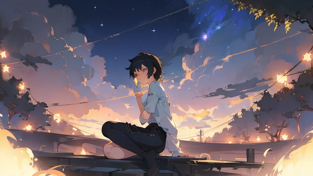masterpiece,night,(dark alley),star、Night Sky、milky way、octone、
(1. Female), (独奏), Knee hugging sitting，acousticguitar、Makoto Shinkai-esque colors