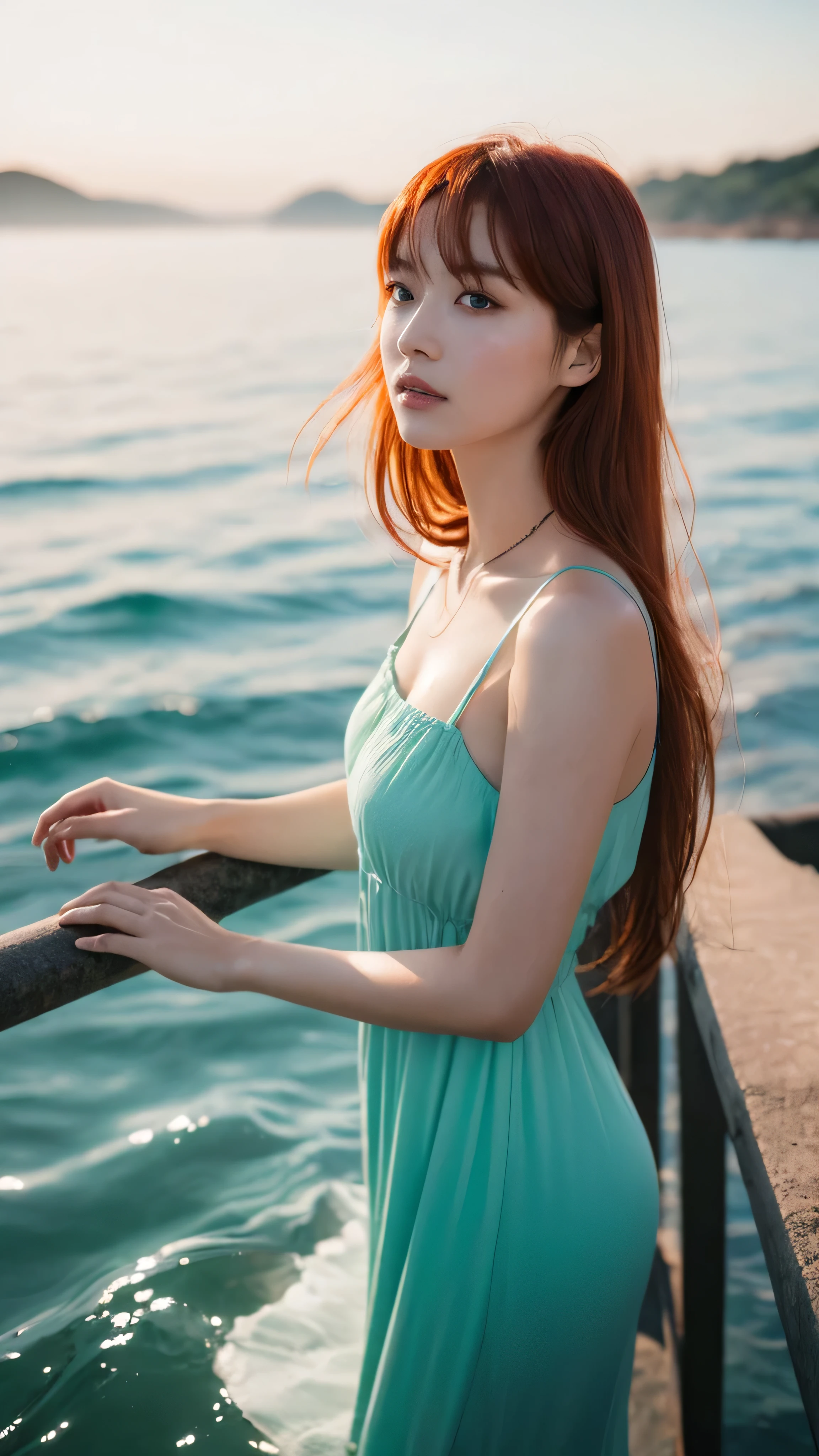 (masterpiece, Highest quality), ((woman, alone, Long Hair)), Ishmael_horn, Innocent look, Bare arms, Expose your shoulders, Bare neck, watercolor, Sundress, Liquid clothing, water, Wave, water dress, green_theme, night, mist, dark, Sharp focus, Ocean, See-through dress, Orange Hair