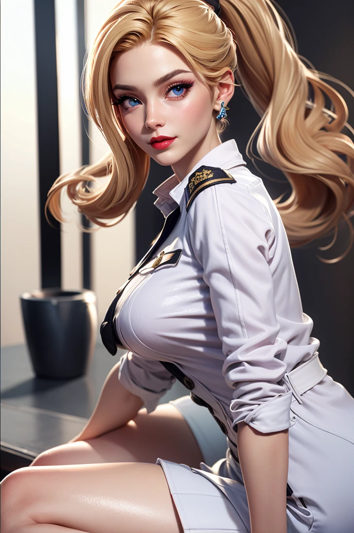 Incomparable masterpiece, ultra-realistic 8k CG, perfect artwork, ((perfect female image)), mature woman, slender waist, seductive, clean, beautiful face, {extremely delicate and beautiful girl} , 8k wallpaper, {{{Masterpiece}} }, 1girl, blonde hair, blue eyes, ponytail, police uniform, jewelry, lips, lipstick, long hair, look spectator, makeup, lips, red lips, simple background, solo, upper body, (shiny skin),