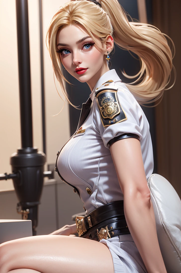 Incomparable masterpiece, ultra-realistic 8k CG, perfect artwork, ((perfect female image)), mature woman, slender waist, seductive, clean, beautiful face, {extremely delicate and beautiful girl} , 8k wallpaper, {{{Masterpiece}} }, 1girl, blonde hair, blue eyes, ponytail, police uniform, jewelry, lips, lipstick, long hair, look spectator, makeup, lips, red lips, simple background, solo, upper body, (shiny skin),