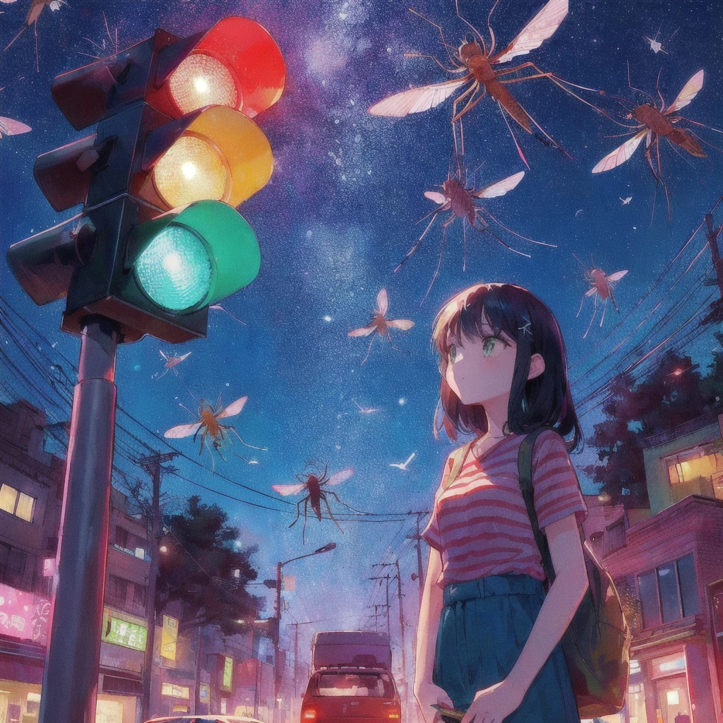 There is a woman standing in the middle of the street with a traffic light.。, A giant mosquito is flying,buzzing fluorescent lights, Album art, !! Stop turning on the light, Chill Hop, Beep daily art, 3840x2160, 3840×2160, Colorful illustration, 80s anime style,realism | Beep, Beep!!