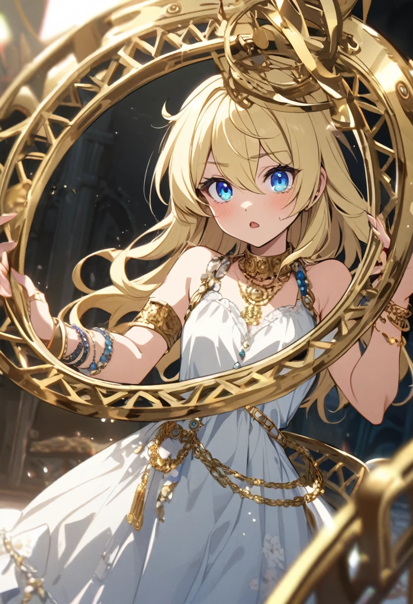 blonde, dress, femboy, trap, gold, bracelets, blue eyes,