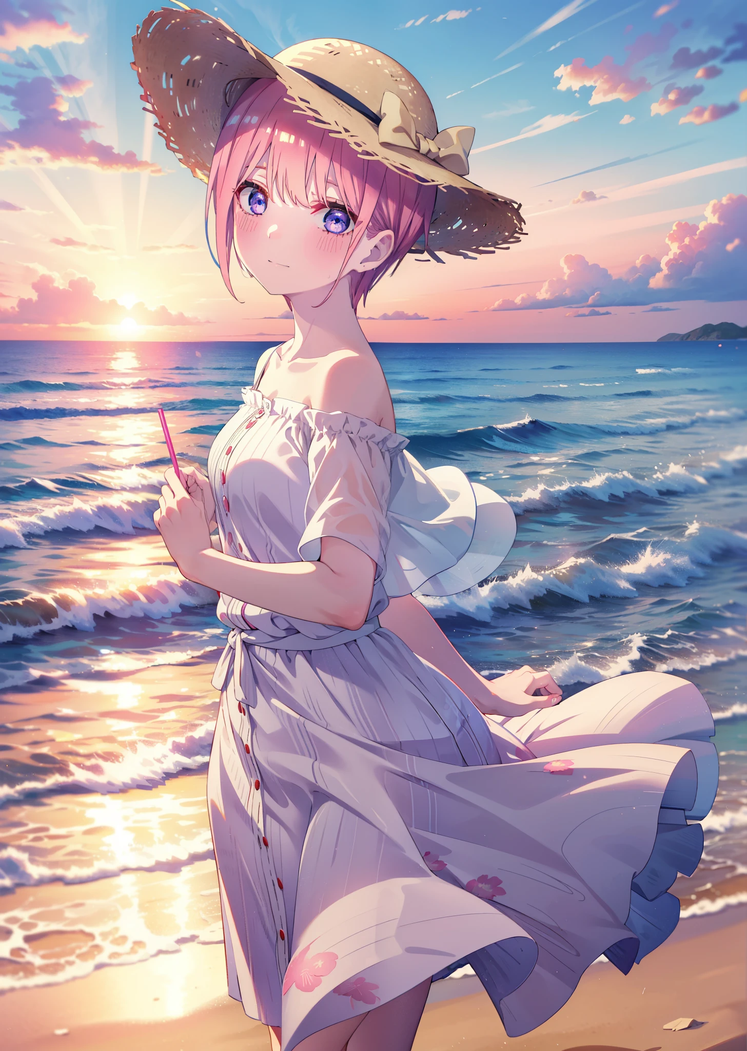 ichikanakano, Nakano Ichika, short hair, bangs, blue eyes, Hair between the eyes, Pink Hair, smile,blush,Open your mouth,Straw hat,White off-shoulder dress,Short sleeve,Long skirt,barefoot,Walking,sunset,evening,The sun is setting,Strolling on the sandy beach,
break outdoors, Beach,
break looking at viewer, whole body,
break (masterpiece:1.2), Highest quality, High resolution, unity 8k wallpaper, (figure:0.8), (Beautiful attention to detail:1.6), Highly detailed face, Perfect lighting, Highly detailed CG, (Perfect hands, Perfect Anatomy),