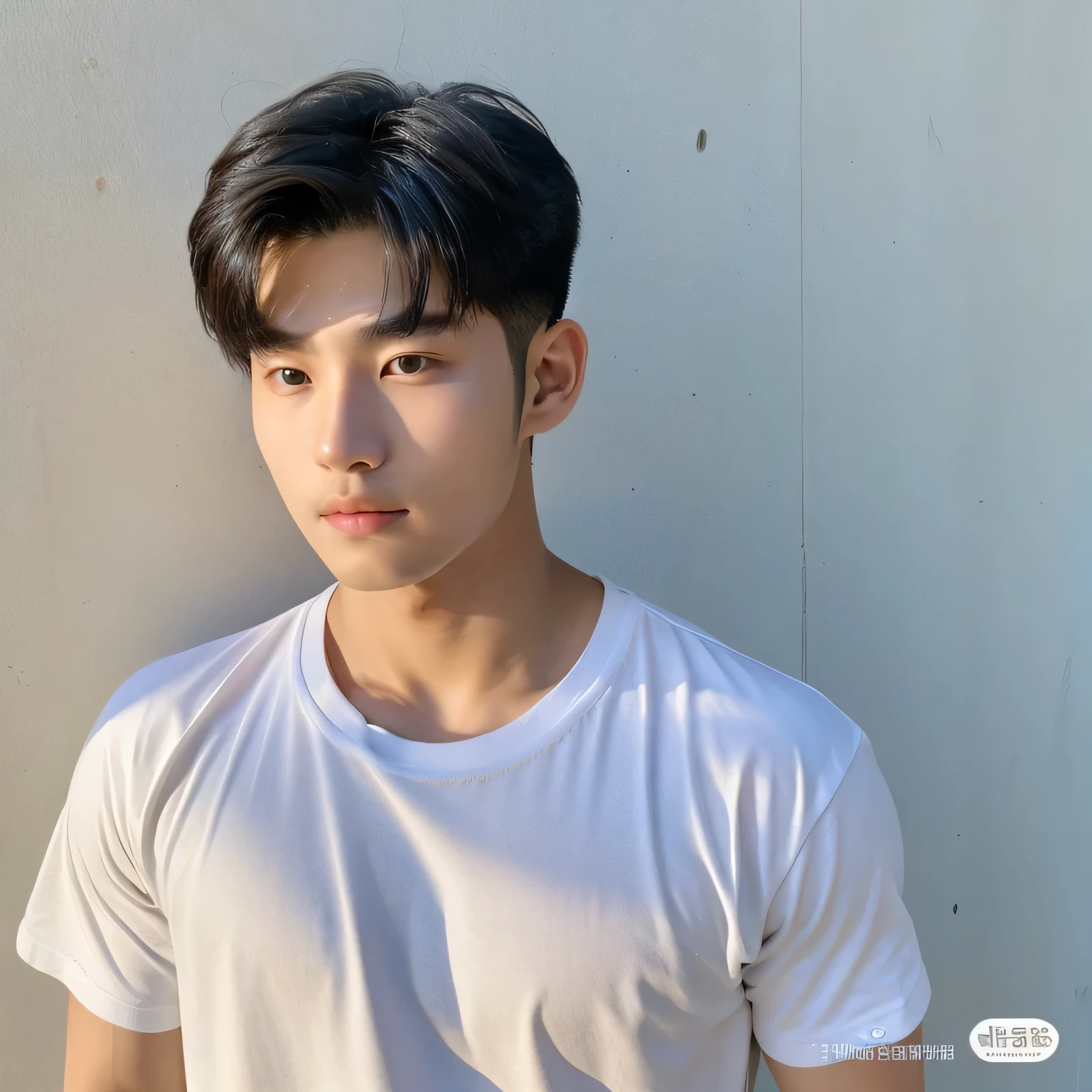 Korean man 18 years old, handsome, muscle, golden ratio face, black undercut hair,, wearing white tshirt