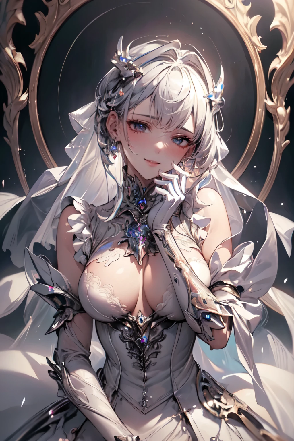NSFW,((top quality、8k、masterpiece:1.3))Wears a silver-white mech,girl with delicate face,Highest image quality,Ultra-clear,Delicate and clear facial features,end of the world,Mechanical arm,Exquisitely detailed mechanical pattern,cyberpunk characters、numbercity、number、century、throne、